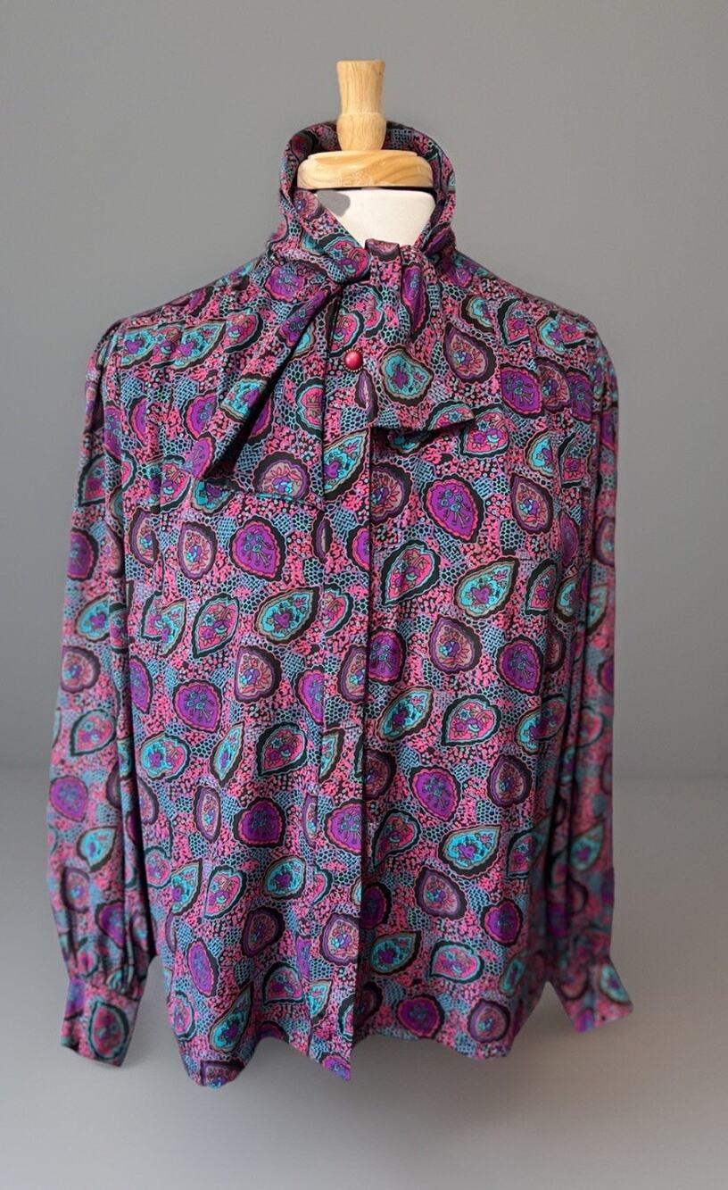 Koret Vintage 80s Satin PussyBow Blouse Women 12 Career Chic Secretary Top